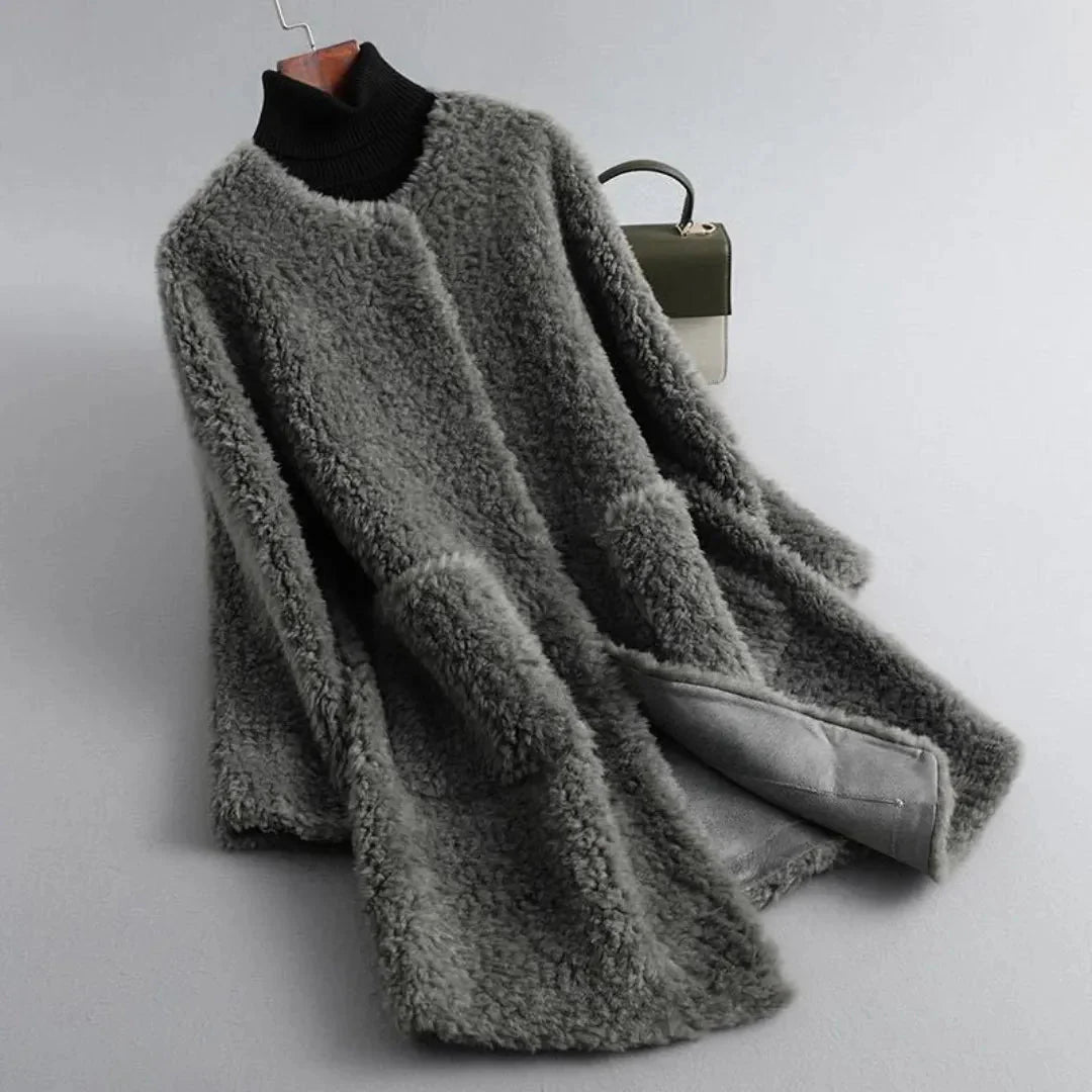 Women's ivory faux shearling fur coat with draped silhouette and ultra-soft plush texture luxury outerwear