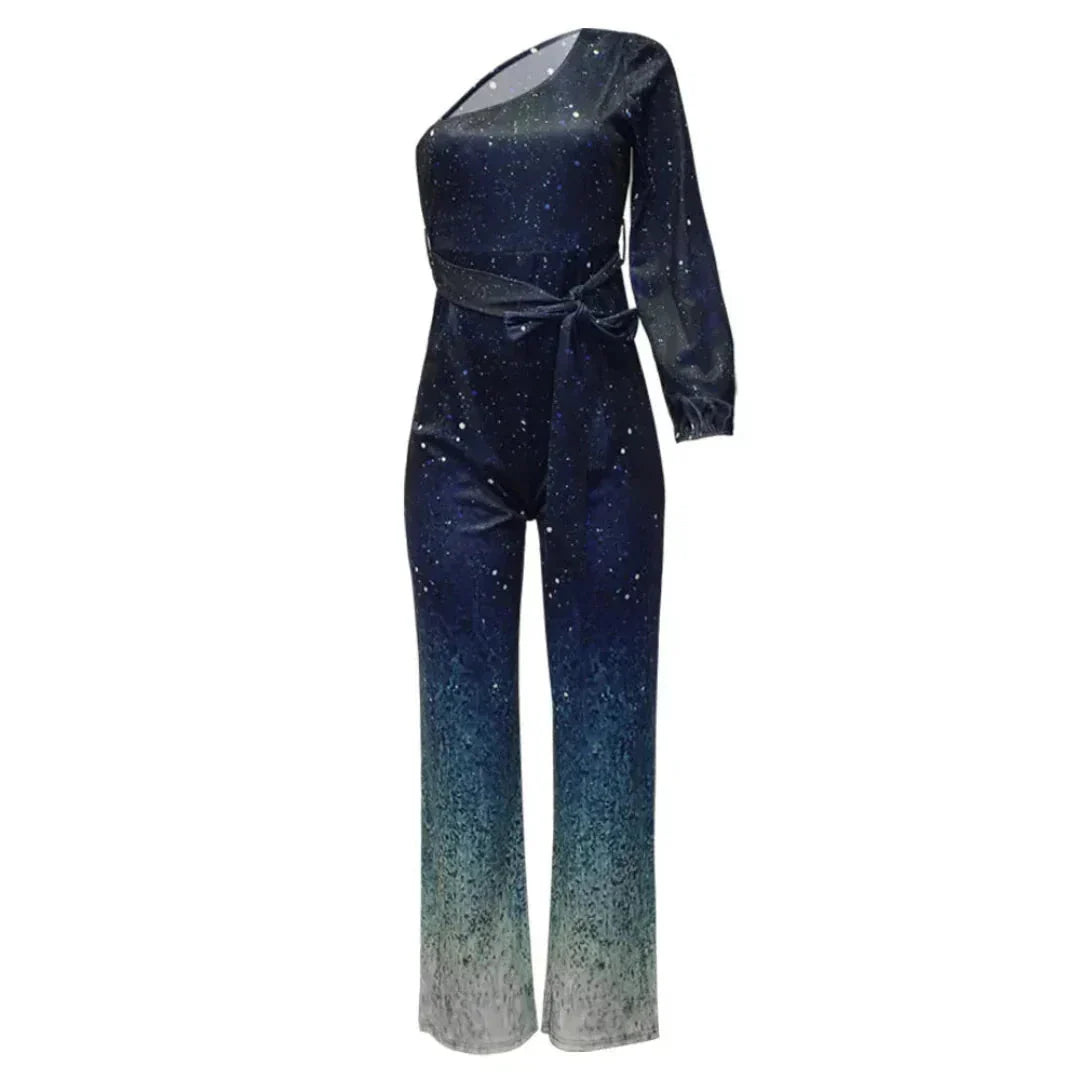 Ombre shimmer one-shoulder jumpsuit with draped sleeve and wide-leg silhouette for women
