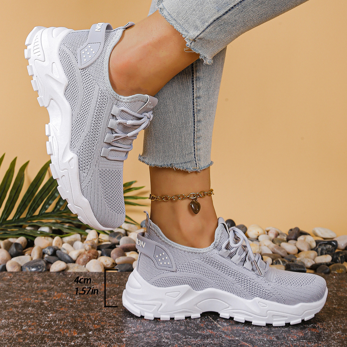 Women's chunky sole mesh lace-up walking sneakers in neutral tones with bold platform outsole