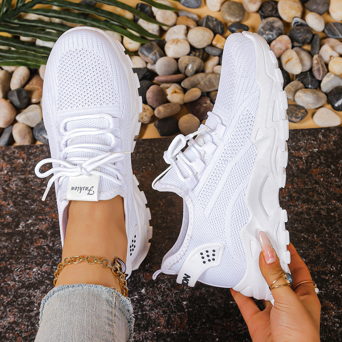 Women's chunky sole mesh lace-up walking sneakers in neutral tones with bold platform outsole