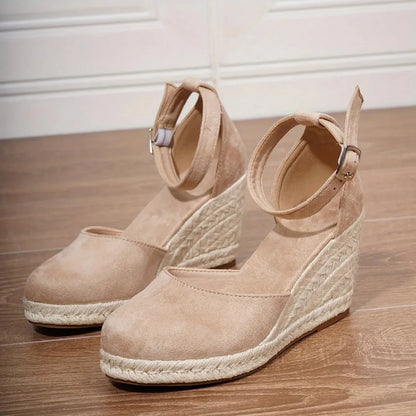 Savannah women's closed-toe espadrille wedge with braided jute sole and adjustable ankle strap