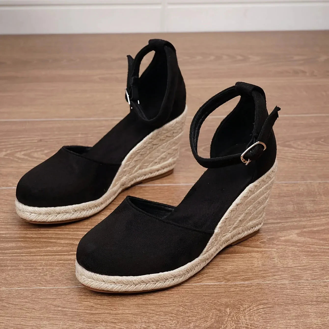 Savannah women's closed-toe espadrille wedge with braided jute sole and adjustable ankle strap