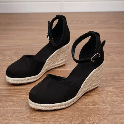 Savannah women's closed-toe espadrille wedge with braided jute sole and adjustable ankle strap
