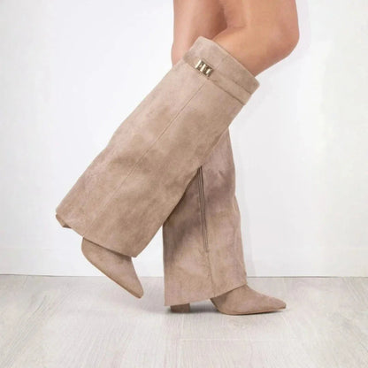 Women's brown suede knee-high boots with velvety finish and sleek streamlined silhouette