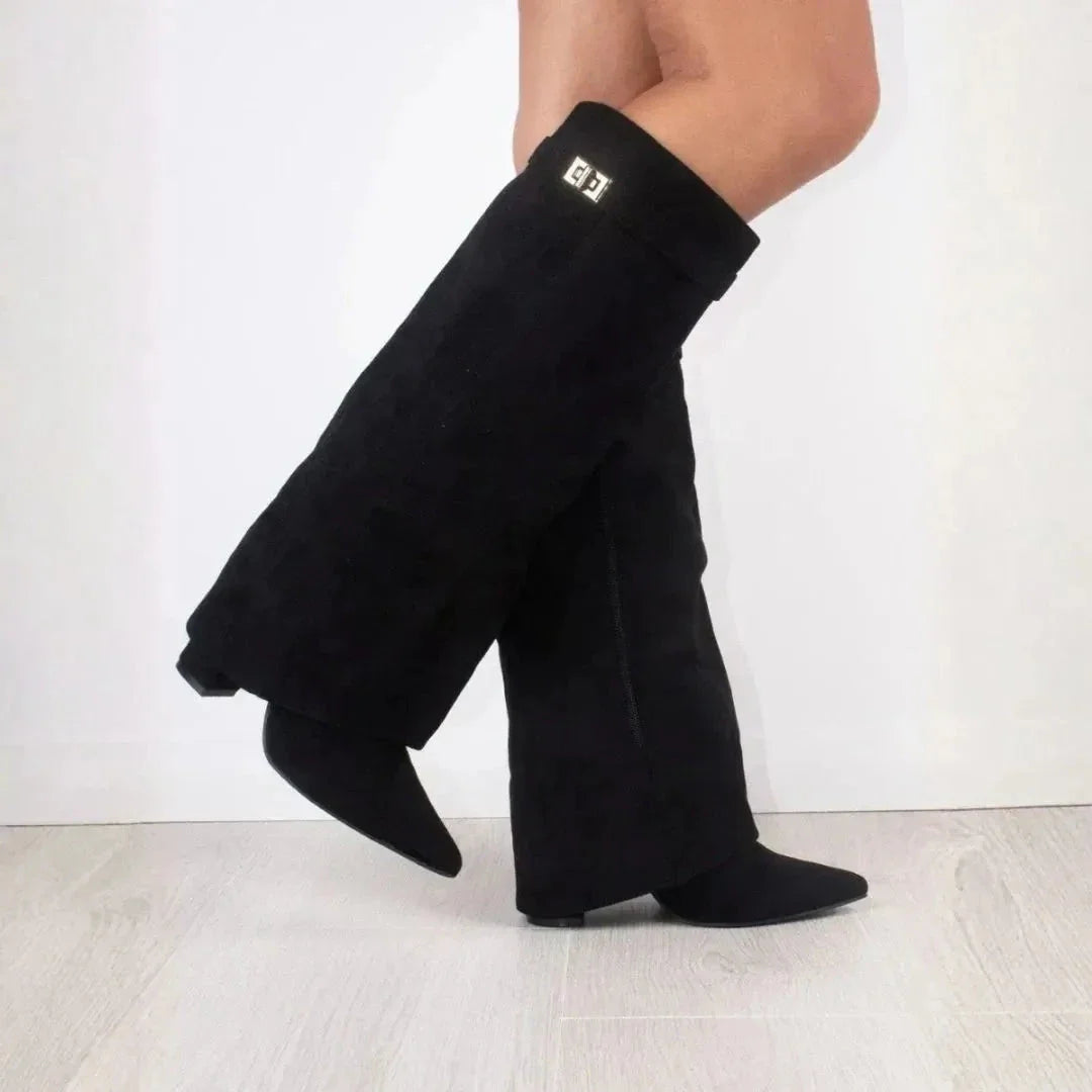 Women's taupe suede knee-high boots with smooth velvety finish and sleek streamlined silhouette