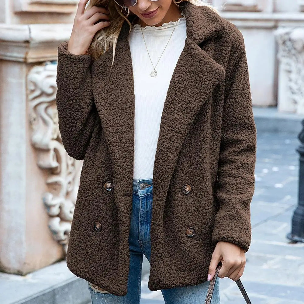 Women's oversized double-breasted teddy coat in plush fleece mid-length silhouette for cozy warmth