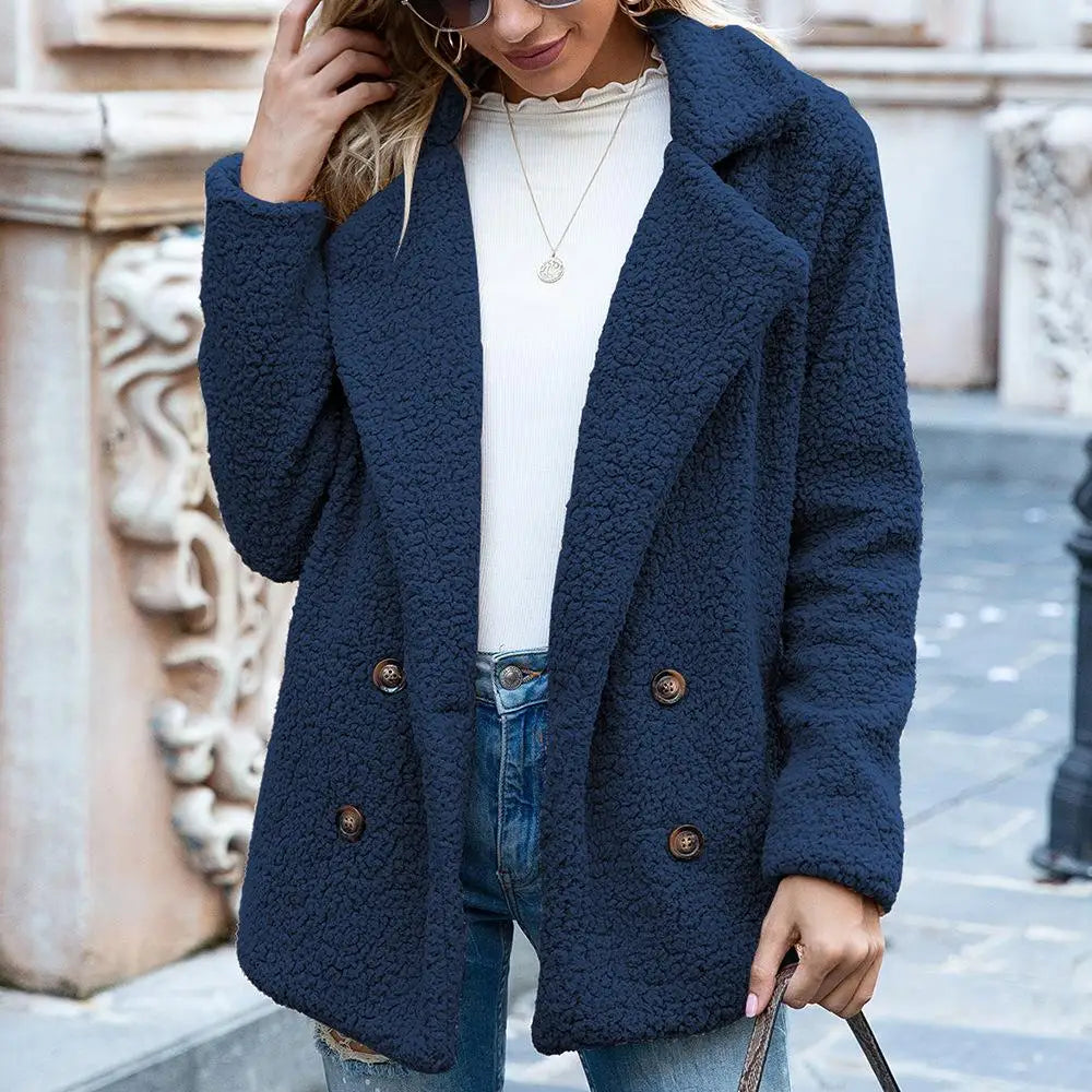 Women's oversized double-breasted teddy coat plush fleece mid-length cozy warmth