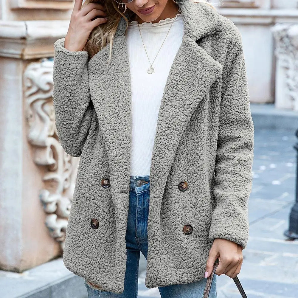 Women's oversized teddy coat plush fleece double-breasted mid-length cozy warmth outerwear