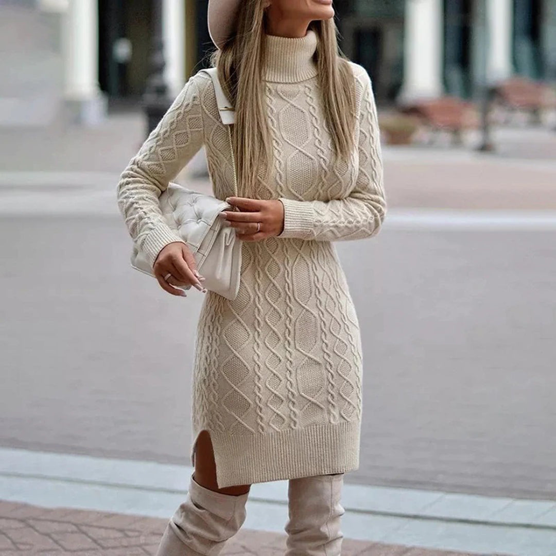 Women's black body-hugging turtleneck midi dress with long sleeves, sleek winter silhouette