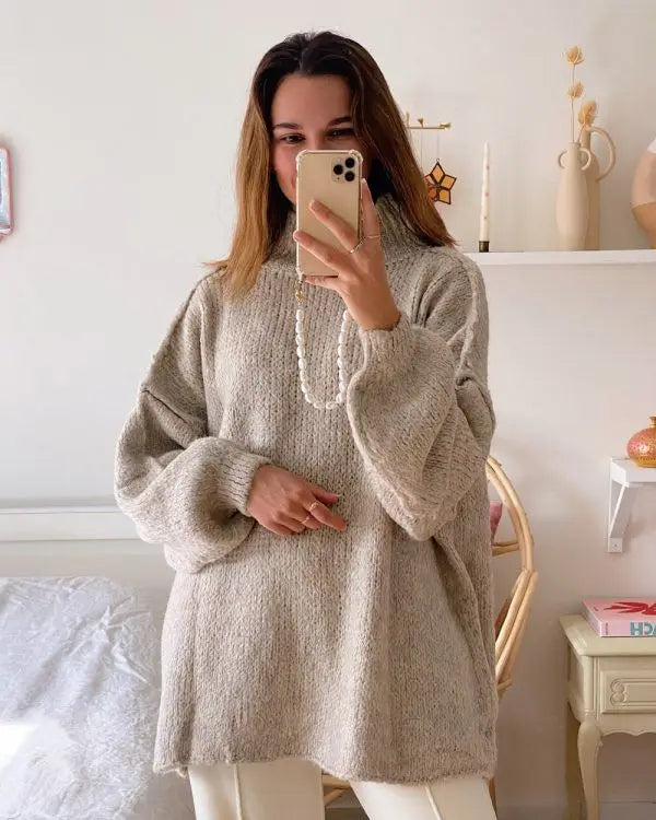 Women's oversized turtleneck sweater cozy winter long sleeve relaxed fit layering essential