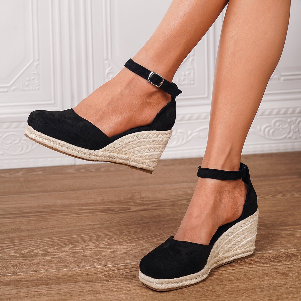 Women's closed-toe wedge sandals with adjustable ankle buckle strap, feminine silhouette