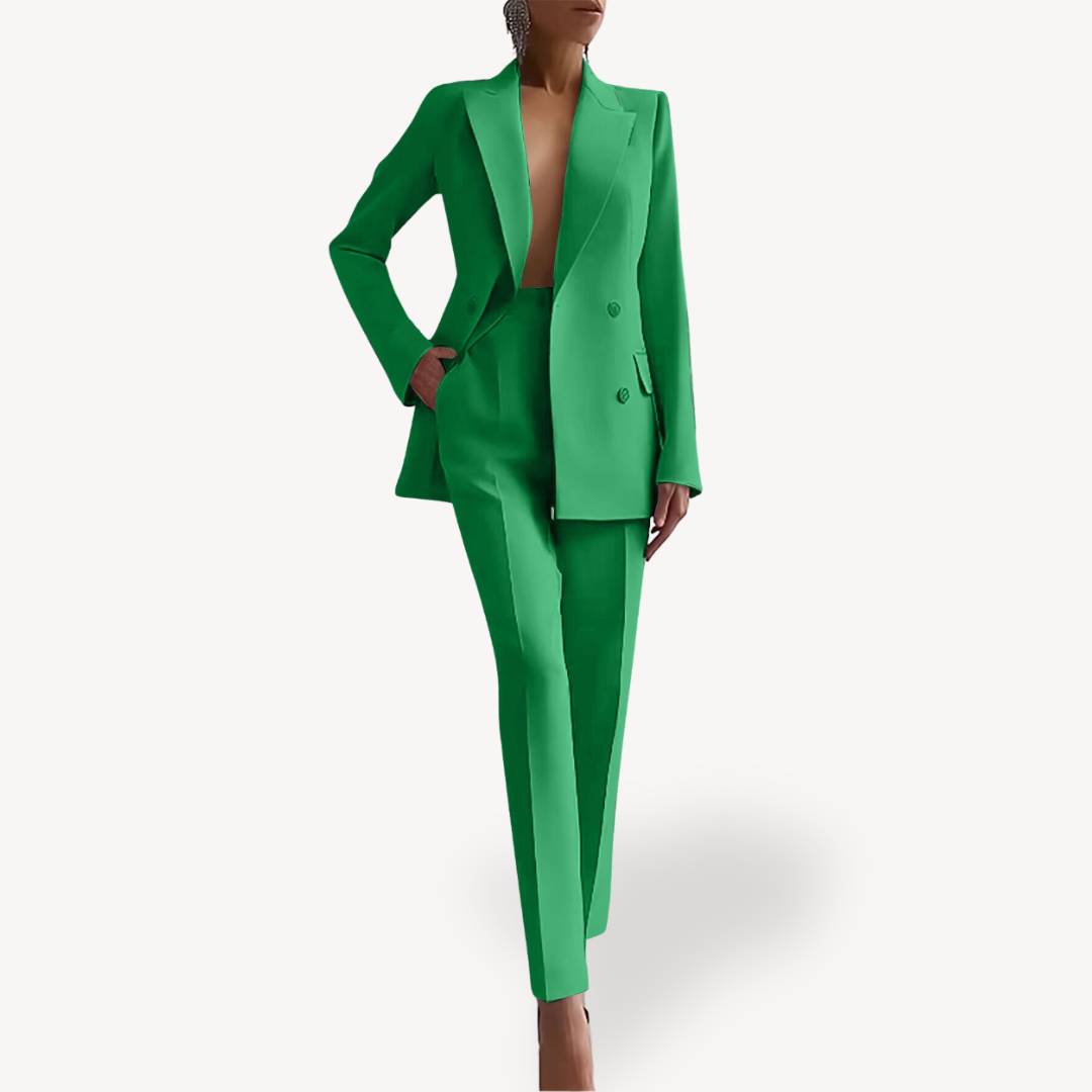 Women's formal tailored suit set featuring a long structured blazer in a sleek professional silhouette