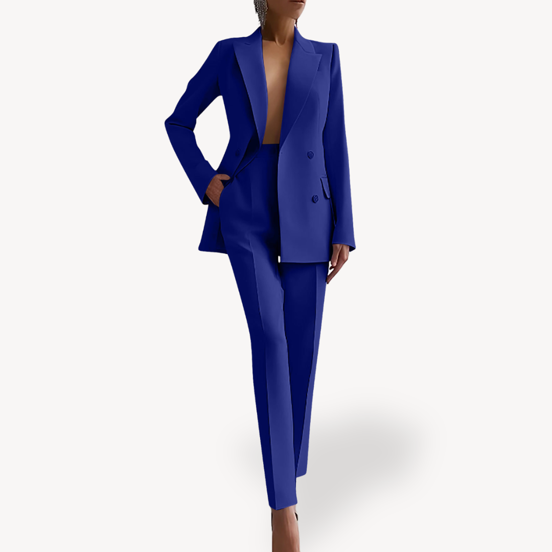 Women's formal tailored suit set navy long structured blazer slim-fit professional power dressing ensemble