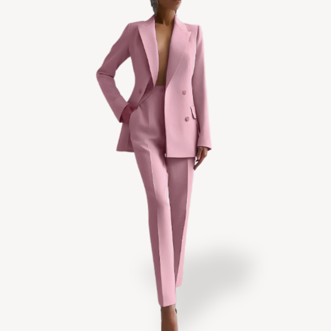 Women's formal tailored suit set in classic tone, long structured blazer with sharp fitted silhouette