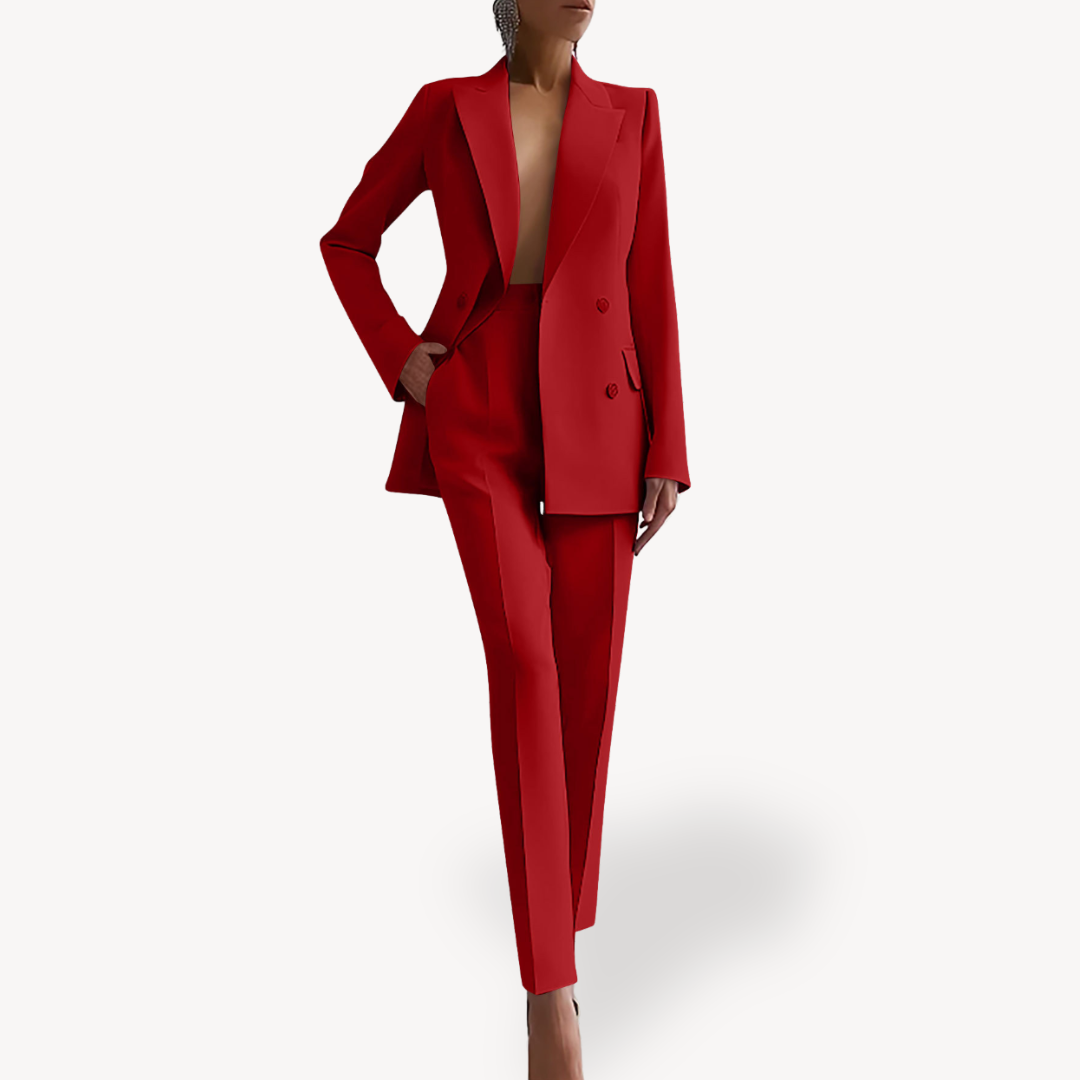 Women's formal tailored suit set, long structured blazer, sleek professional silhouette in classic tone
