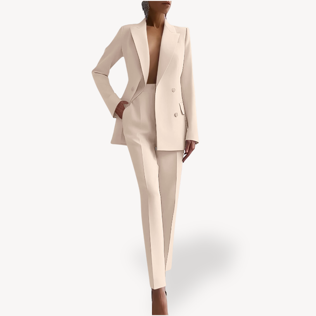 Women's formal tailored suit set in classic tone, long structured blazer with sharp fitted silhouette