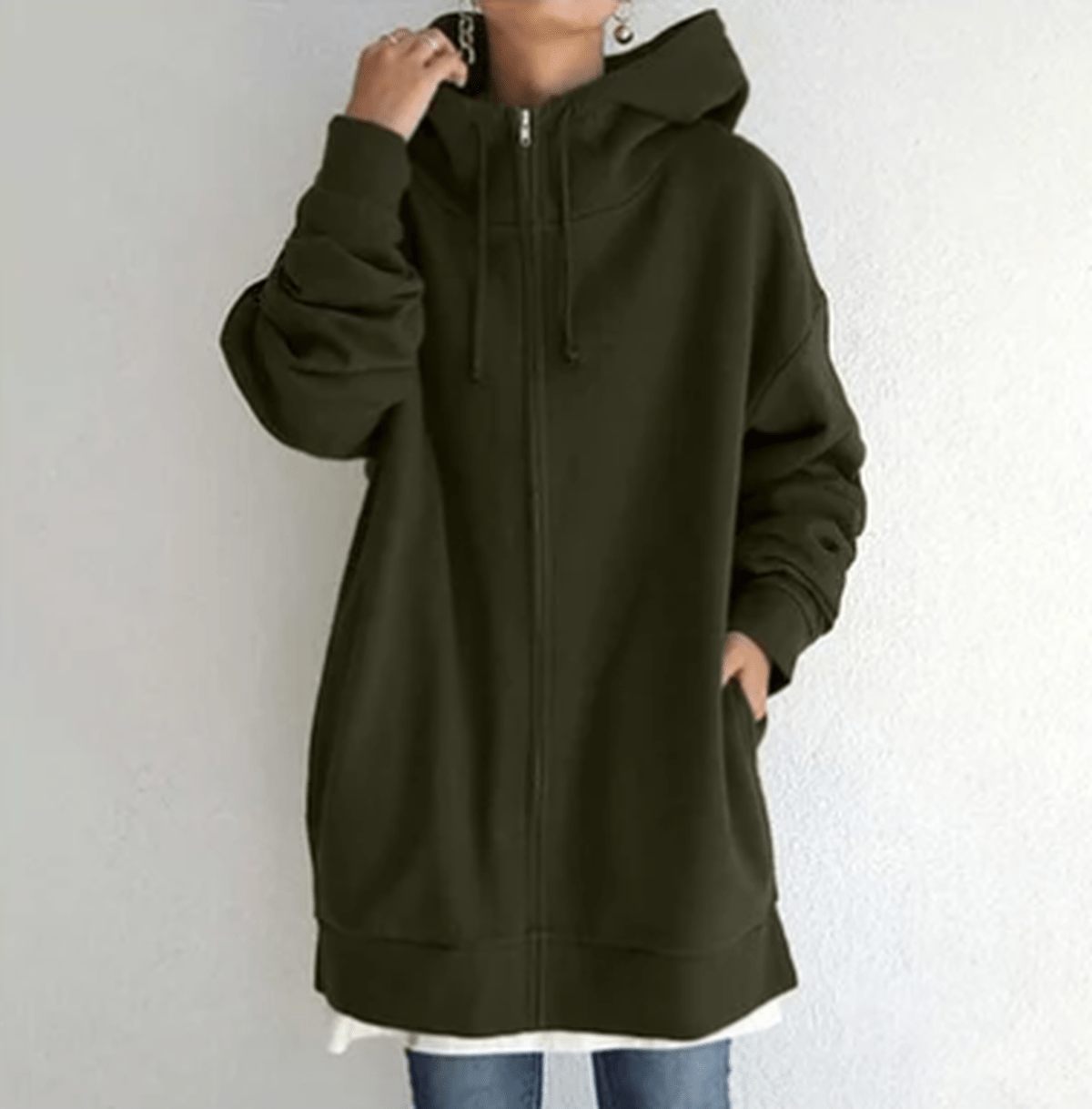 Women's relaxed fit full zip hoodie in neutral tone with minimalist design and cozy everyday silhouette