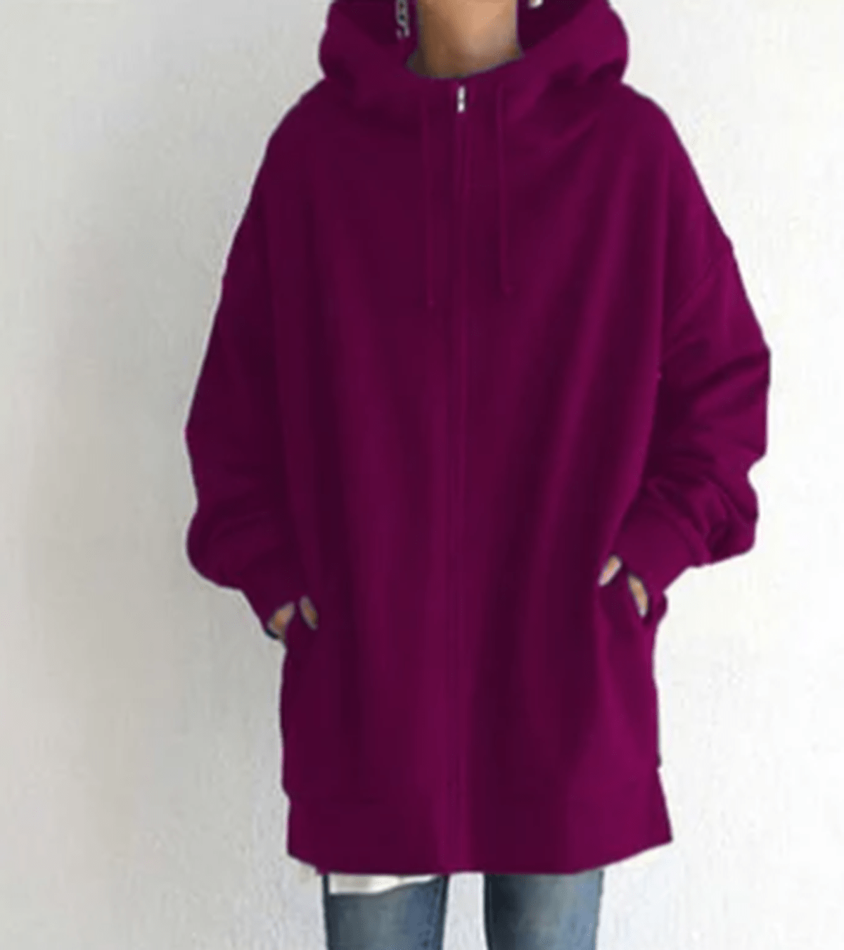 Women's relaxed fit full zip hoodie in neutral tone with minimalist design for casual winter comfort