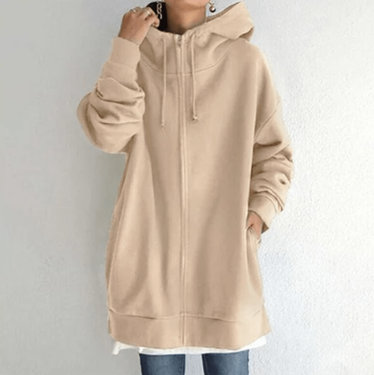 Women's relaxed fit full zip hoodie in neutral tone with minimalist design for casual winter comfort