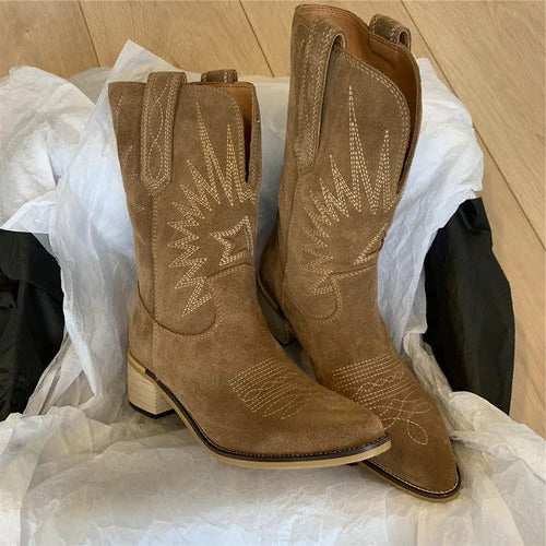 Women's brown western-inspired high-shaft boots with rodeo-style detailing for everyday wear