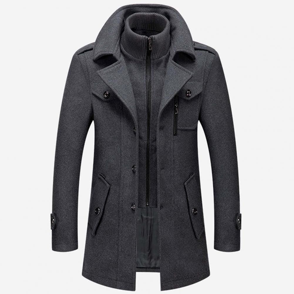Men's gray wool blend stand collar coat with structured silhouette and weather-ready design