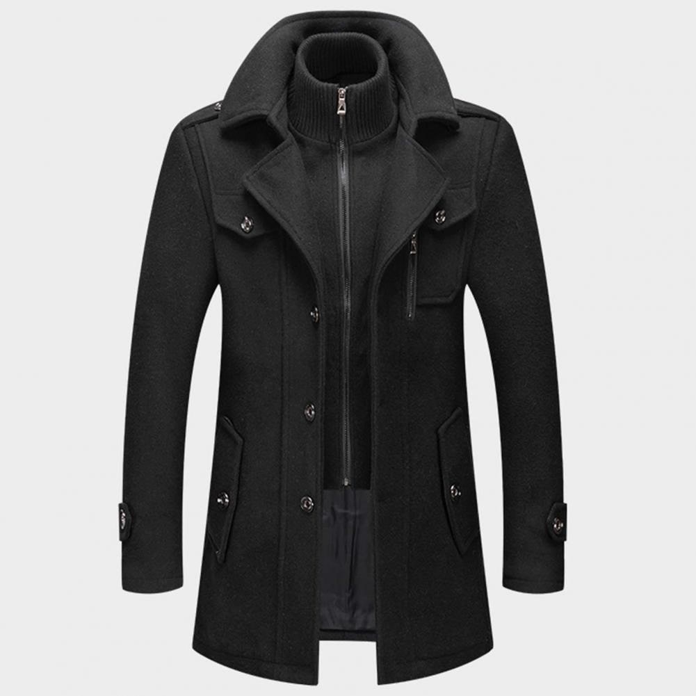 Men's gray wool blend stand collar coat with structured silhouette and weather-ready finish