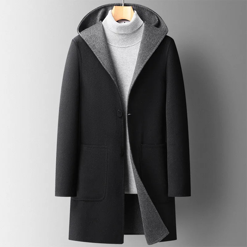 Charcoal wool hooded overcoat with clean front closure and minimalist hidden placket for urban style