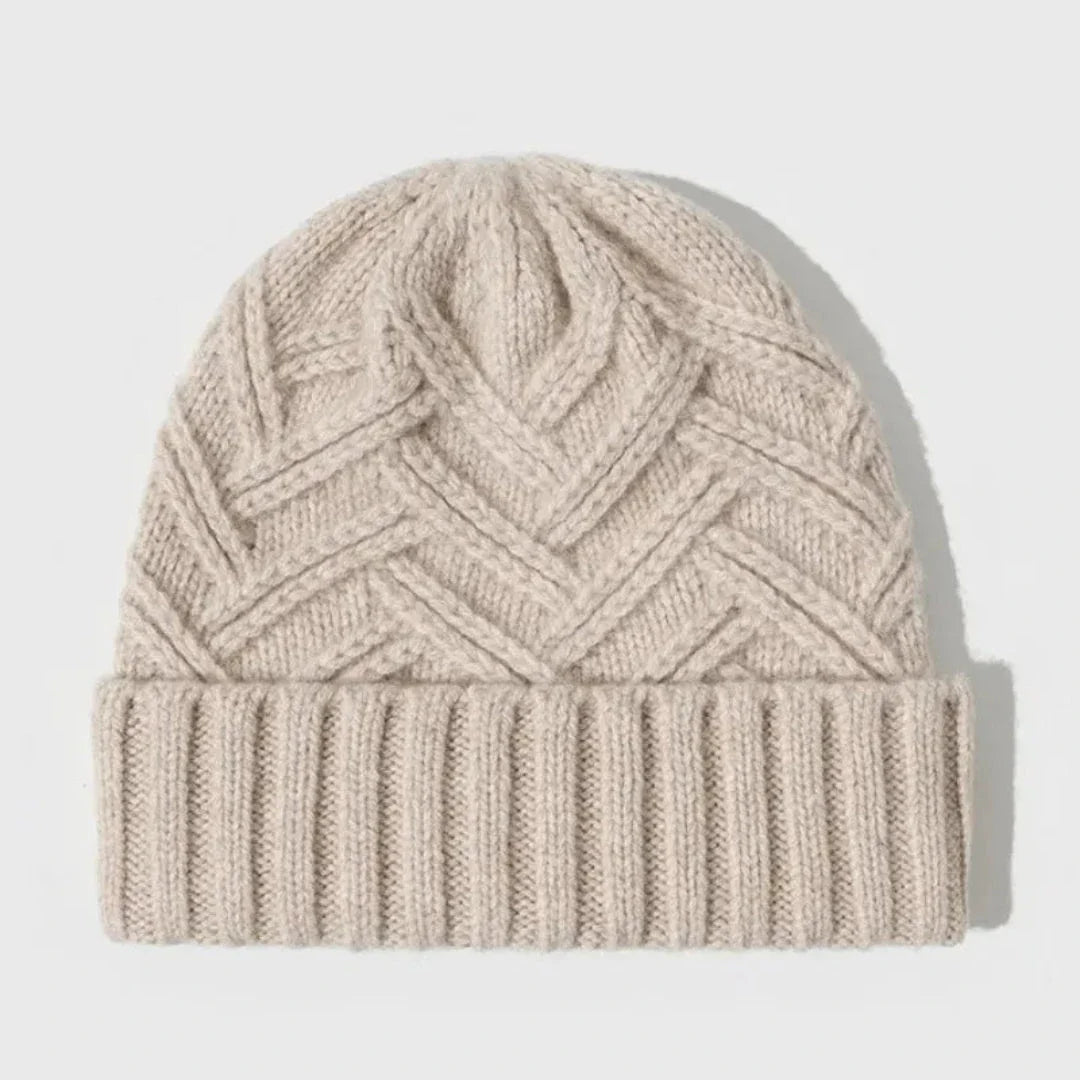 Wool knitted beanie with classic ribbed cuff, lightweight breathable texture for cold winter days