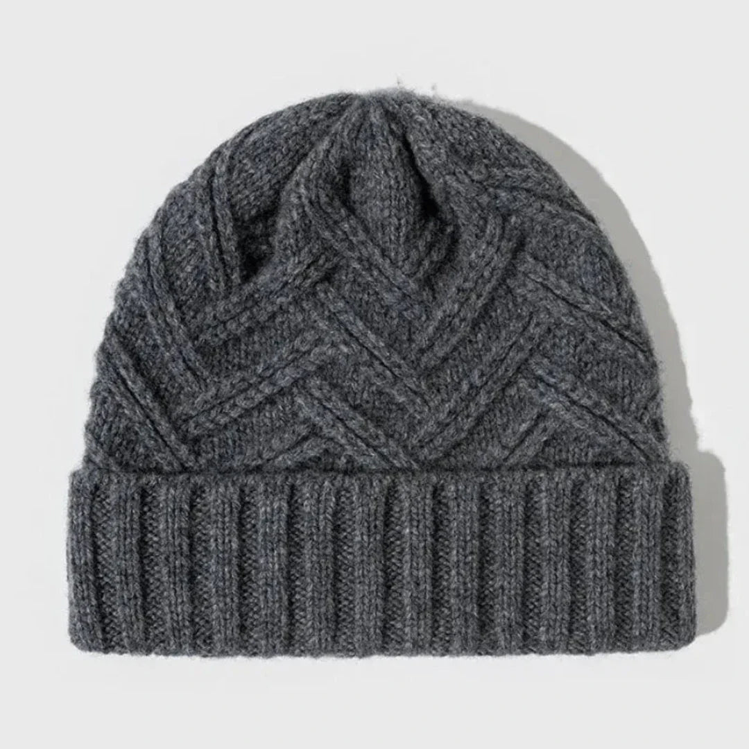 Charcoal wool knitted beanie with classic ribbed cuff and textured pattern for winter style