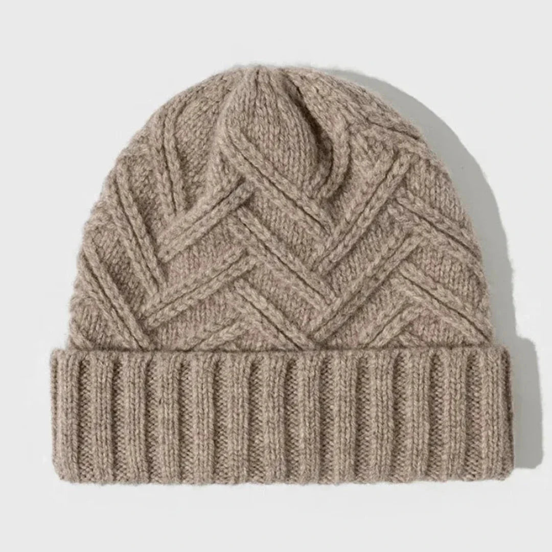 Charcoal wool knitted beanie with classic ribbed cuff and textured lightweight knit pattern