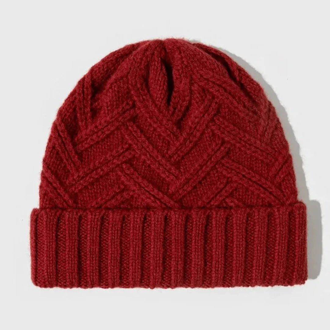 Wool knitted beanie with classic ribbed cuff, lightweight breathable texture for cozy winter style