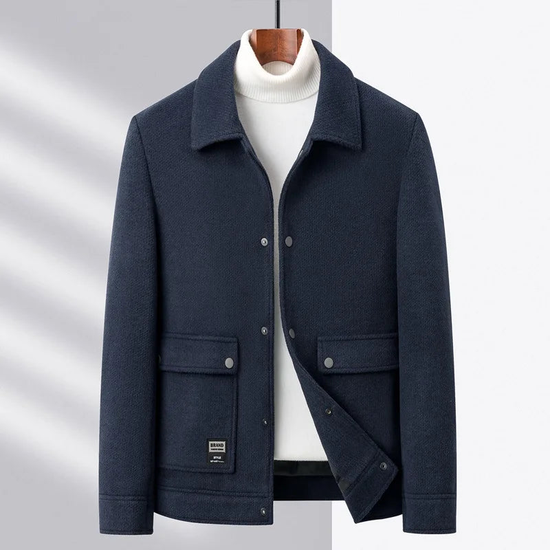 Charcoal wool-blend unisex jacket with snap-button front and textured finish for smart-casual style