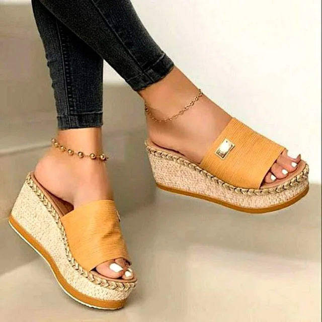 Women's woven jute wedge sandals, open-toe slip-on style with natural texture platform heel