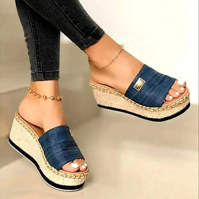 Women's woven jute wedge sandals open-toe slip-on style natural texture summer footwear