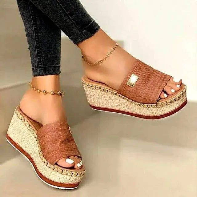 Women's woven jute wedge sandals open-toe slip-on style natural beige casual summer footwear