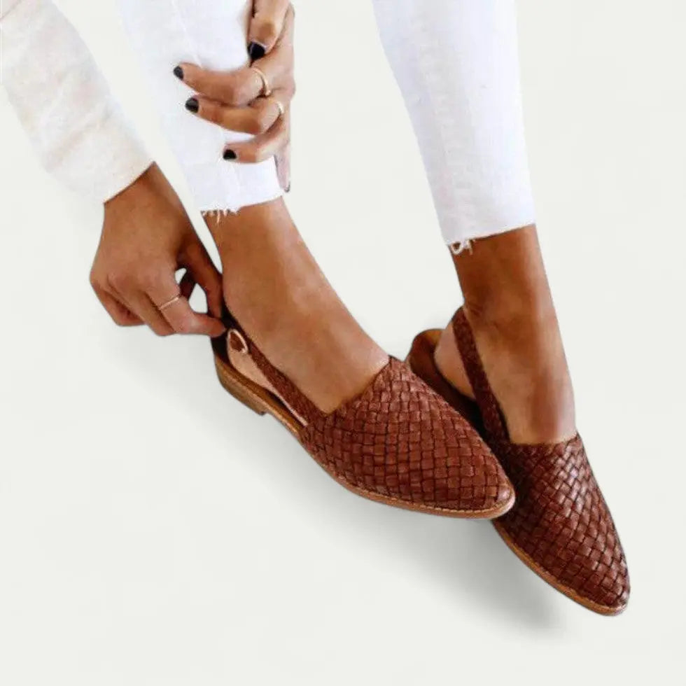 Women's beige woven slingback flats with breathable upper and ergonomic footbed, chic casual style