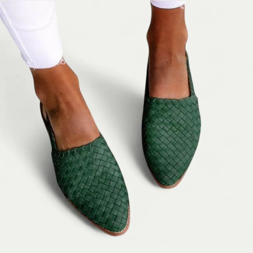 Women's beige woven slingback flats with breathable upper and ergonomic footbed, chic casual style
