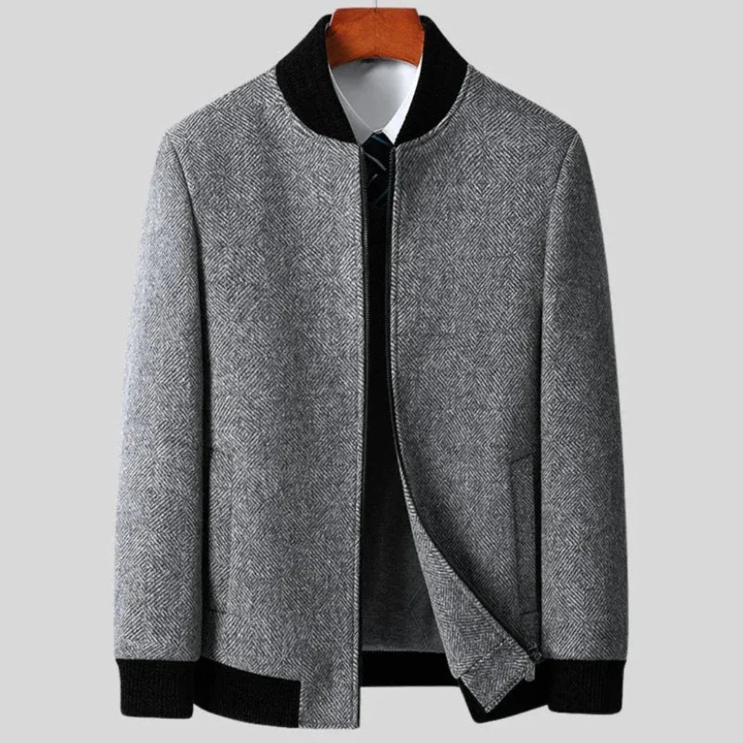 Wyatt gray herringbone wool overcoat with ribbed contrast collar, cuffs and hem