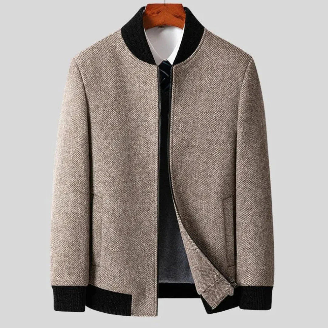 Wyatt gray herringbone wool overcoat with ribbed contrast collar, cuffs and hem