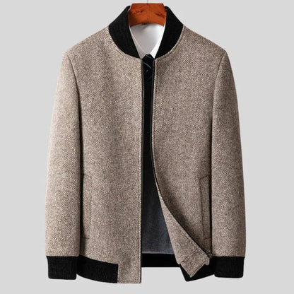 Wyatt gray herringbone wool overcoat with ribbed contrast collar, cuffs and hem