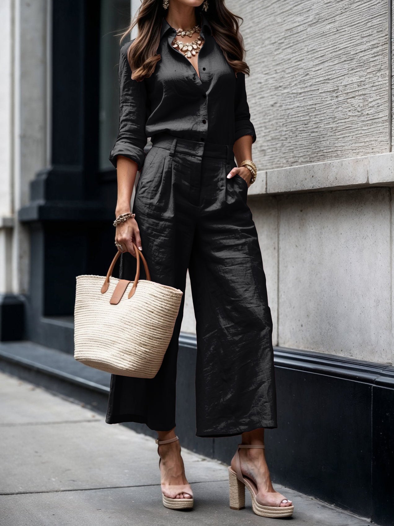 Beige two-piece capri pants and loose shirt set with relaxed fit and feminine coordinated style