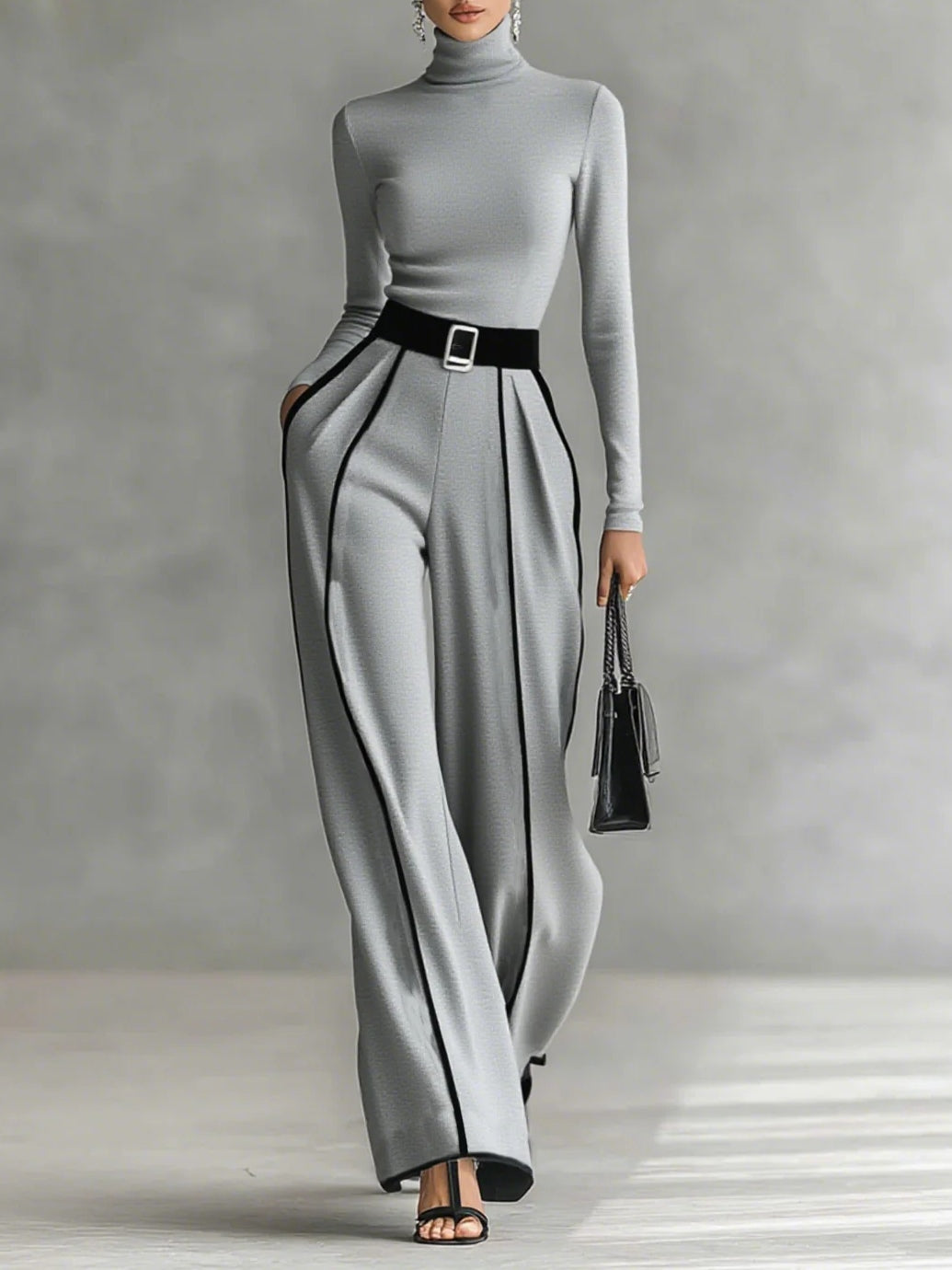Black high-neck long-sleeve top and wide-leg pants set with white trim and matching waist belt