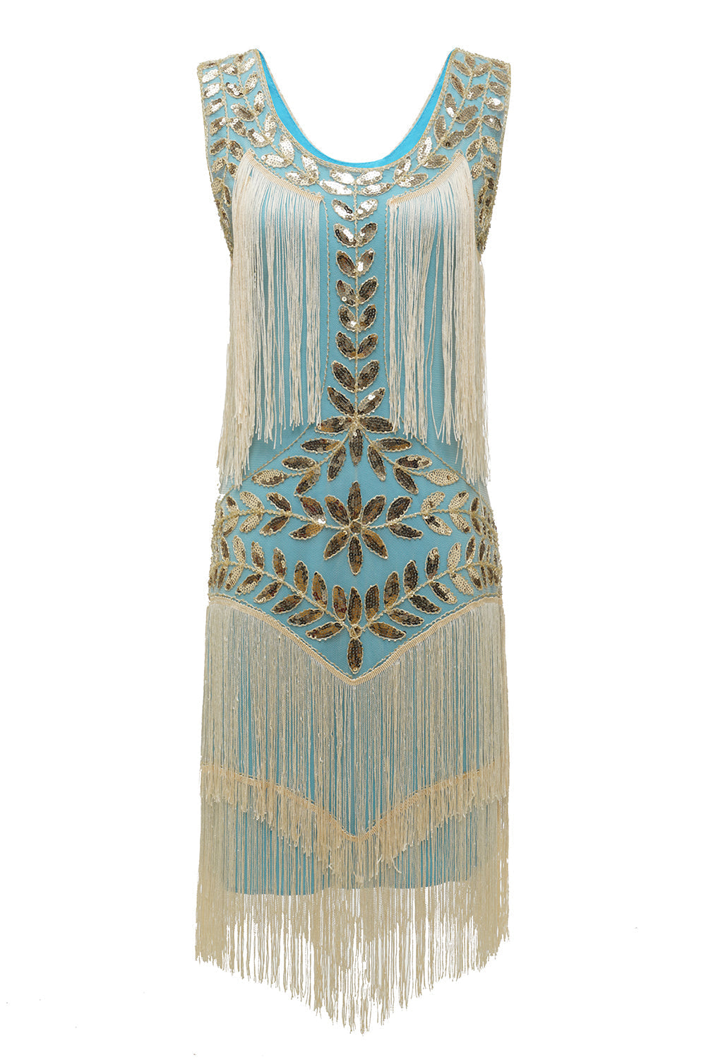 Women's sleeveless flapper dress with pearl sequins, cascading fringe, vintage 1920s Jazz Age glam