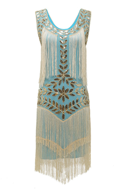 Women's sleeveless flapper dress with pearl sequins, cascading fringe, vintage 1920s Jazz Age glam