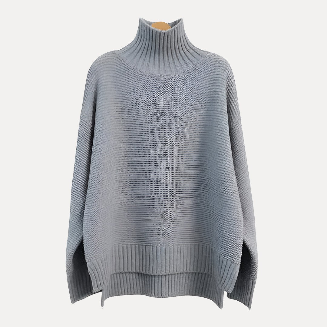 Ivory wool oversized turtleneck sweater with ribbed detailing and side slits for women
