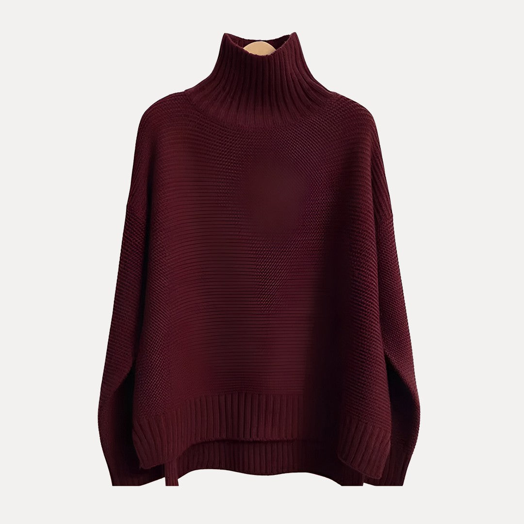 Ivory wool oversized turtleneck sweater with ribbed detailing and side slits for women