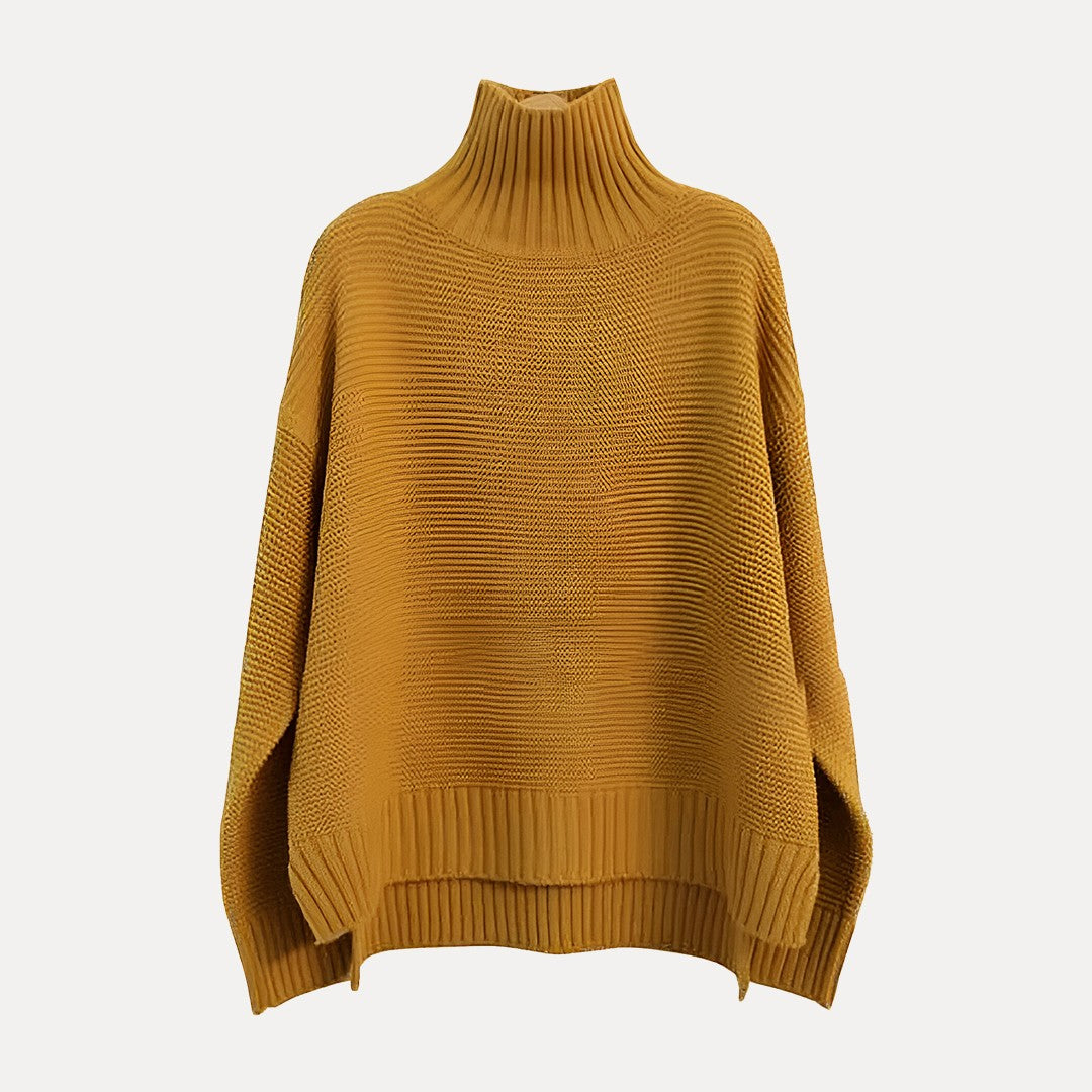 Ivory wool oversized turtleneck sweater with ribbed detailing and side slits for women
