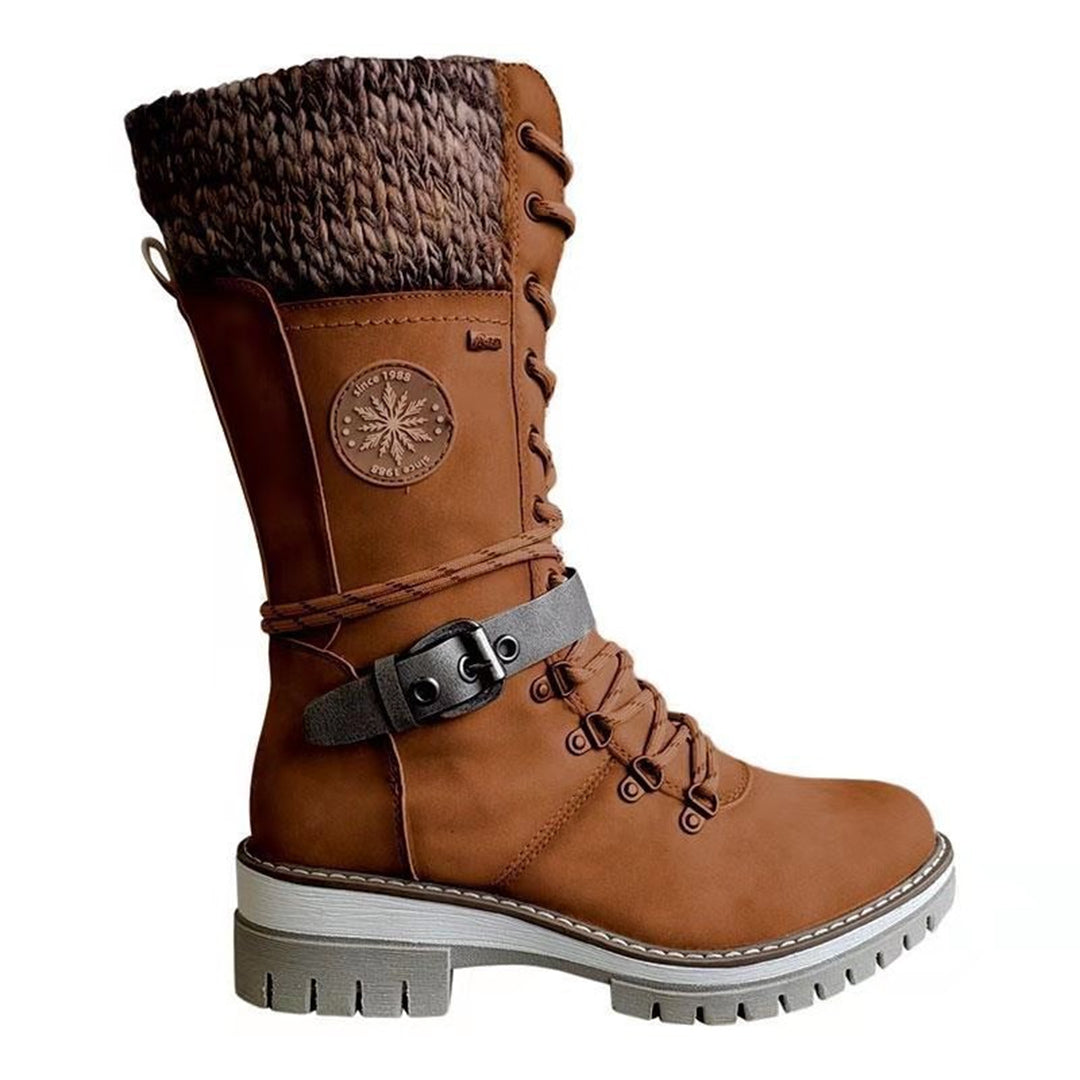 Women's tall lace-up winter boots in brown with cozy knit cuff and side zipper