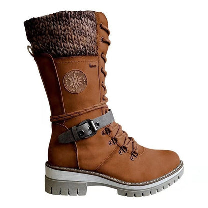 Women's tall lace-up winter boots in brown with cozy knit cuff and side zipper