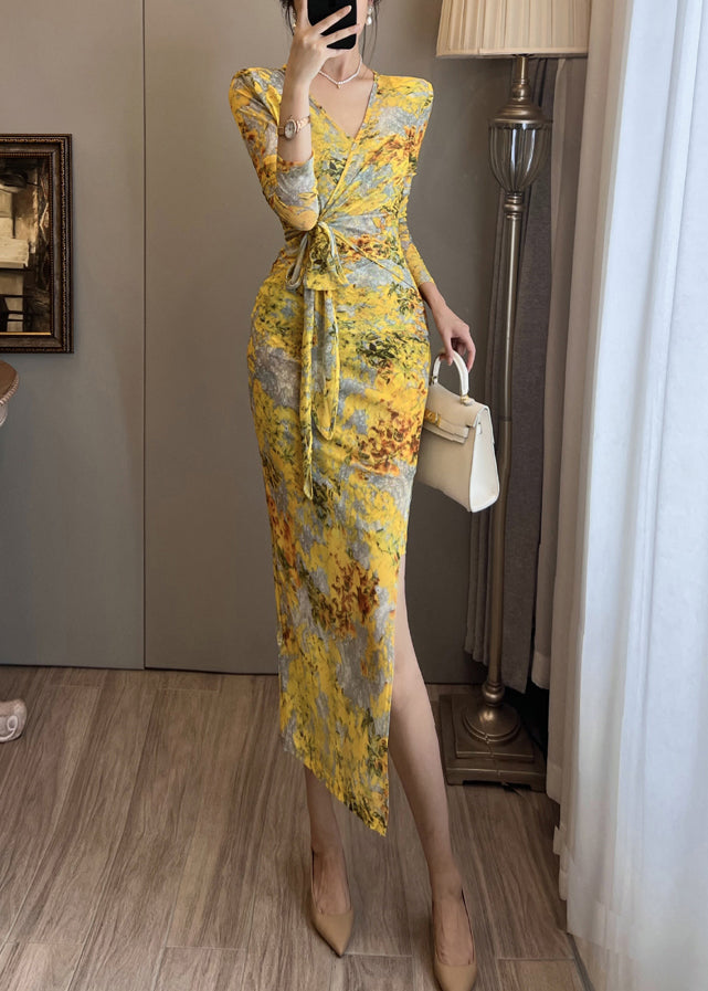 Robe de soirée en tulle imprimé jaune, ouverture latérale, été - Wavlynn